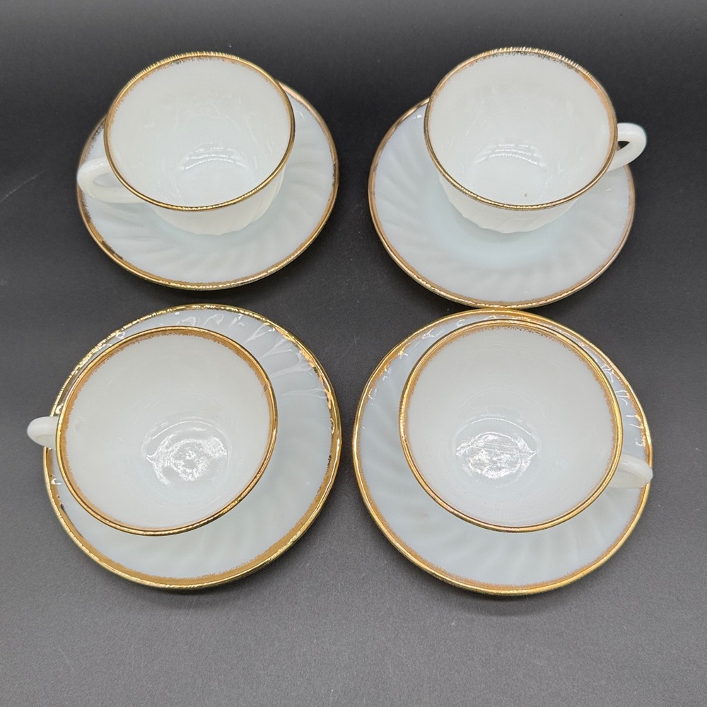 4 Anchor Hocking Fire King Golden Shell Milk Glass Golden Swirl Cup & Saucer